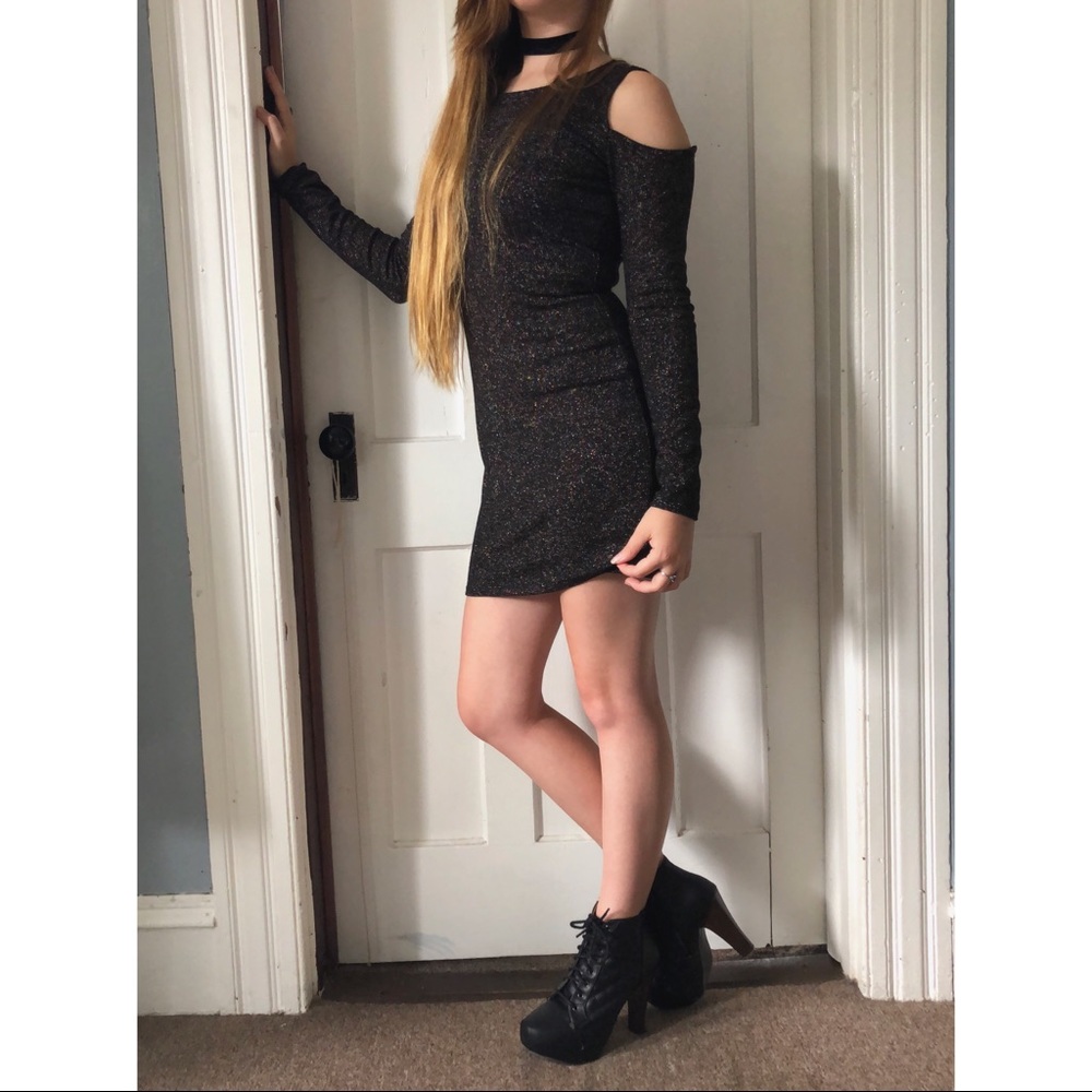 Cold Shoulder Black Multi-Color Shimmer Dress